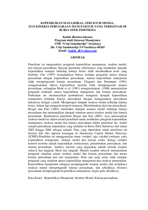 JURNAL KEPEMILIKAN MANAJERIAL, STRUKTUR MODAL, DAN KINERJA PERUSAHAAN MANUFAKTUR YANG TERDAFTAR DI BURSA EFEK INDONESIA.pdf