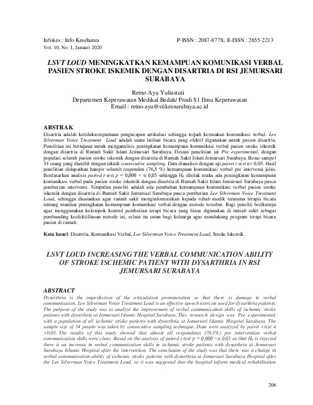 JURNAL LSVT LOUD MENINGKATKAN KEMAMPUAN KOMUNIKASI VERBAL PASIEN STROKE ISKEMIK DENGAN DISARTRIA DI RSI JEMURSARI.pdf